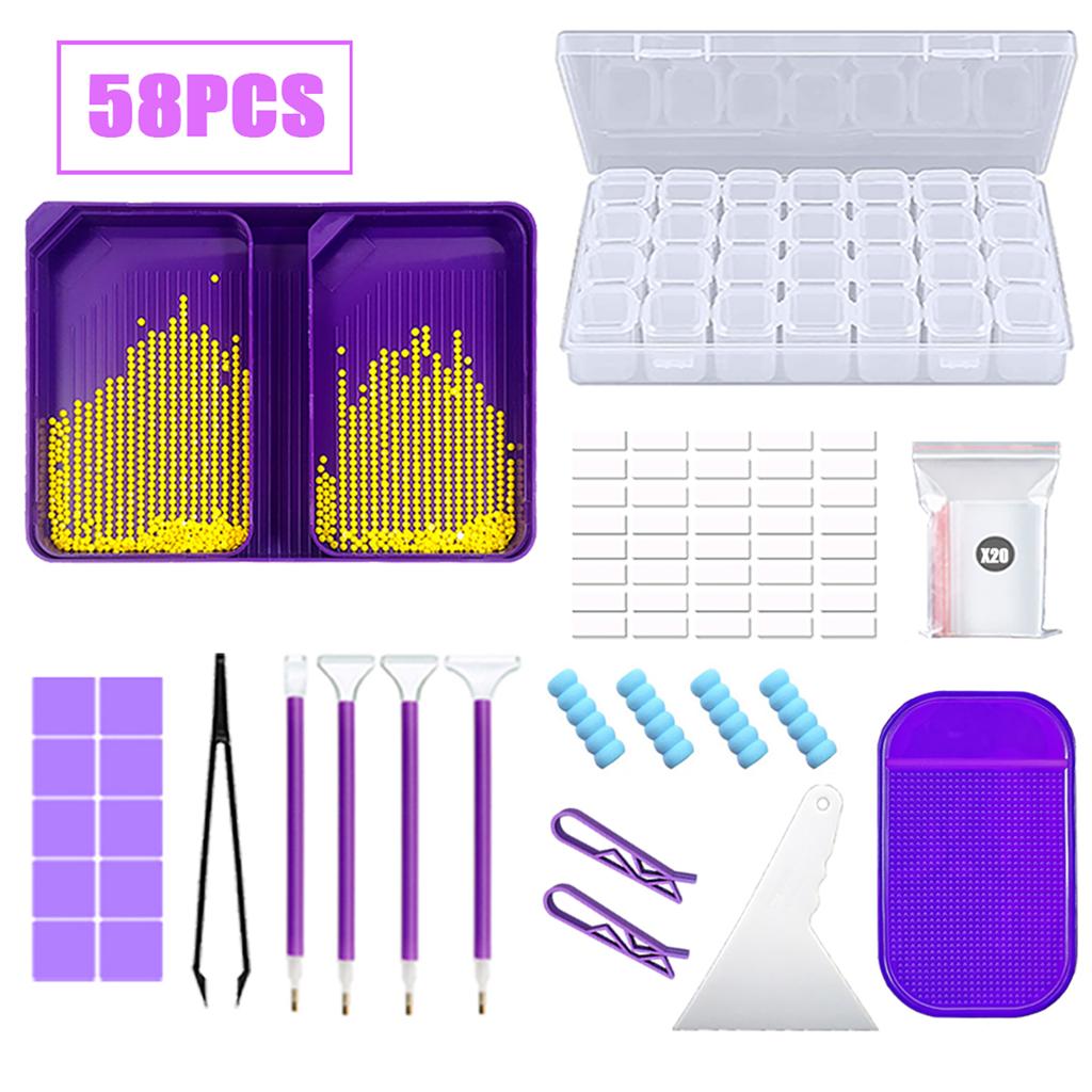 Diamond Painting Tools Kit Double Slot Sorting Trays 45/58PCS Set with Roller Tweezers Glue Clay DIY Rhinestone Embroidery Accessories