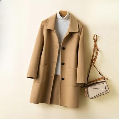 Palton Femei Lungime Medie Iarnă Stil Coreean Dublu Față Căptușit Lână Moda Stil Coreean Palton din Lână