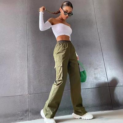 Casual Arbeitshose mit großer Tasche für Damen Street High Waist Gerade Weitbein Freizeithose