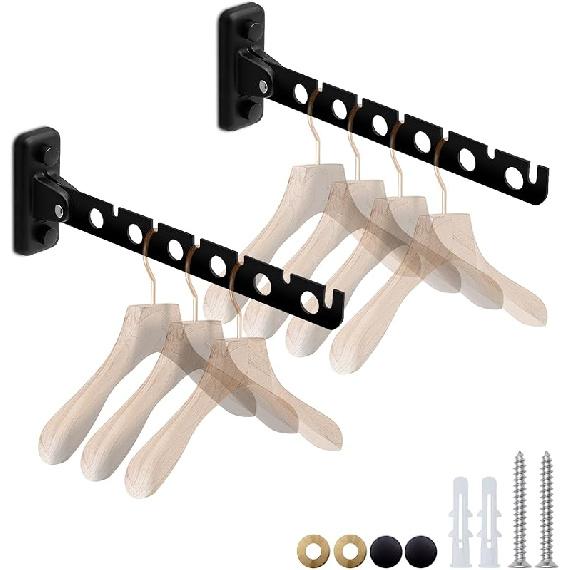 Wall Mount Coat Hanger,Folding Clothes Drying Racks,Sturdy Hanging Clothes Hanger,Laundry Room Drying Rack(10-Hole 1 Black)