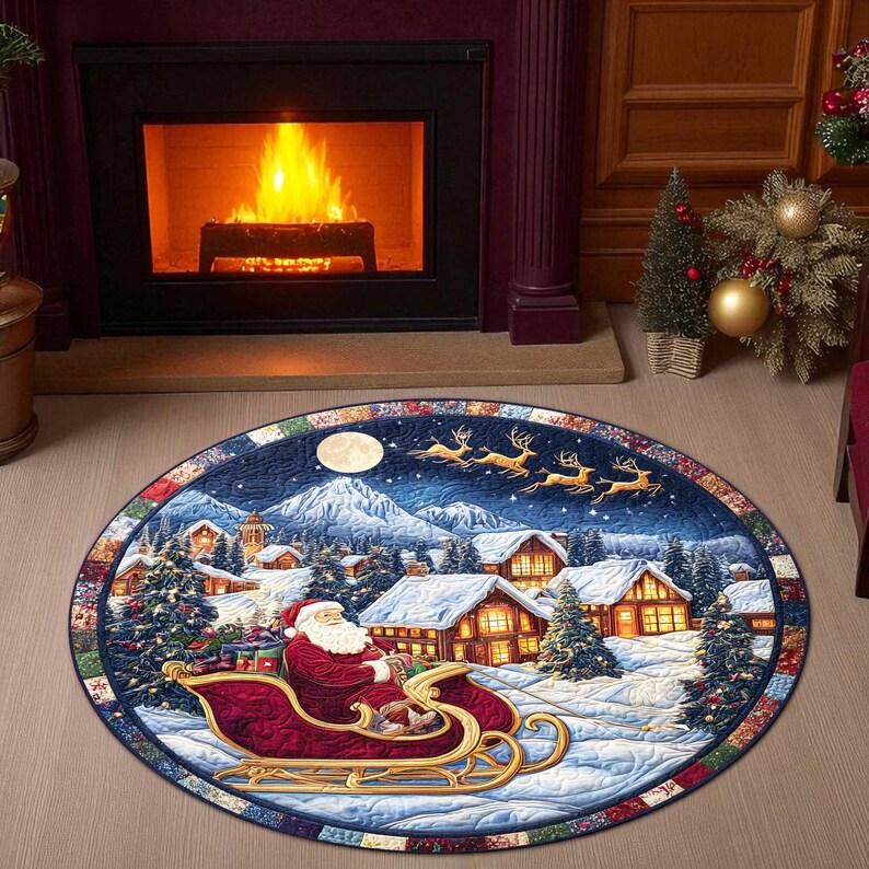 Kerstman Slee Kerst Ronde Deurmat, Vintage Vakantiedorp Vloermat, Gezellige Wintertafereel Tapijt voor Huisdecoratie, Kerst Cadeau Idee