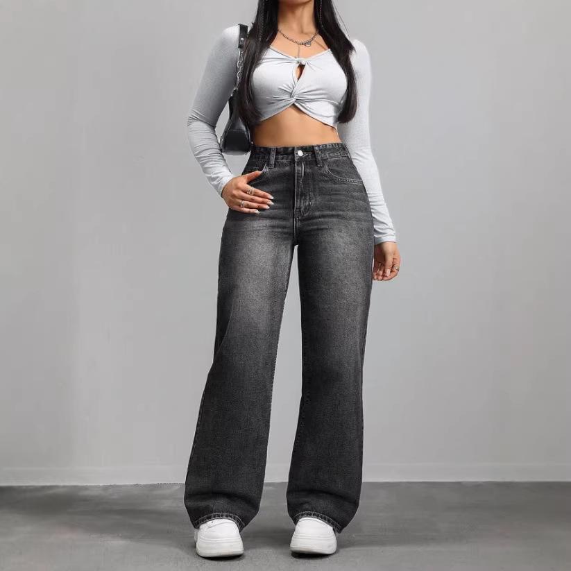 2026 Spring/Summer Women's Plus Size Retro Wide-Leg Denim Pants with Pockets