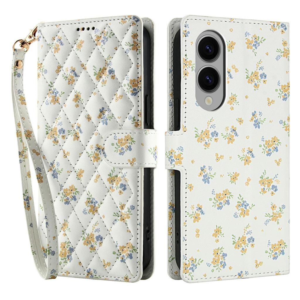 Für Samsung Galaxy S25 Edge Brieftasche Hülle Rhombisches Blumendesign Leder Klapphandyhülle mit Riemen
