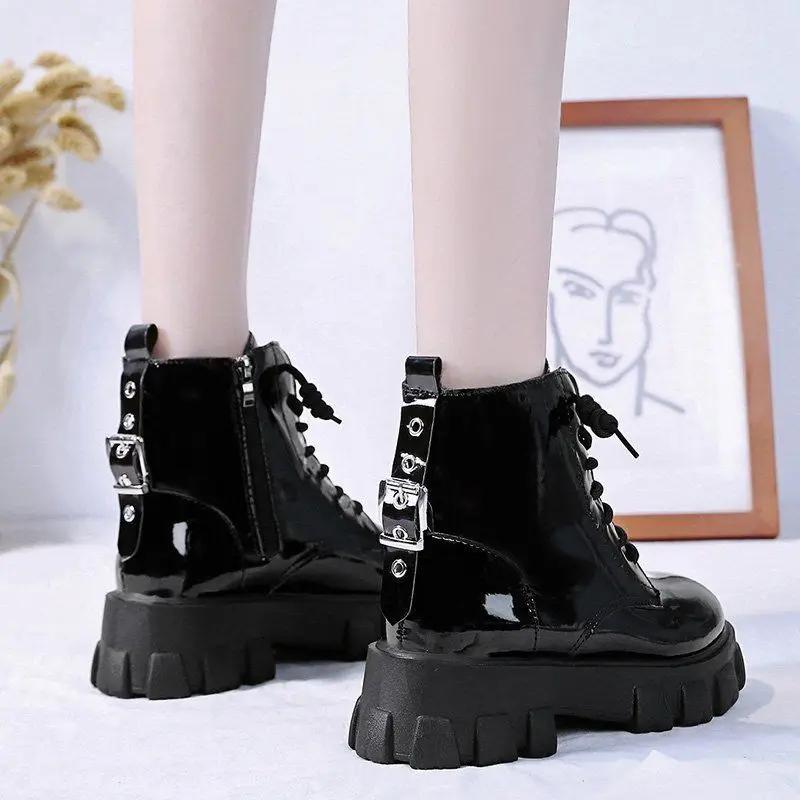 Round Toe Med Heel Boots Women Shoes Autumn Boots-women Booties Ladies Lace Up Luxury Designer Lolita Black 2025 Rubber Flat