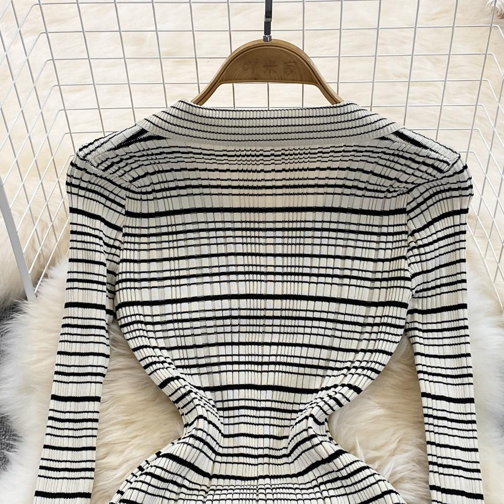 Vestido tipo suéter de punto a rayas con cuello vuelto para mujer, prendas de punto informales con un solo pecho hasta la rodilla, moda de otoño