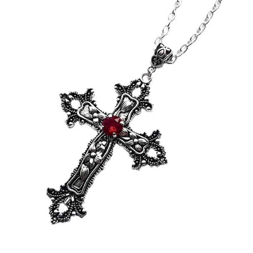 New Punk Crystal Big Cross Pendant Necklaces Gothic Irregular Cross Clavicle Chain Necklaces for Women Men Aesthetic Y2K Jewelry красный