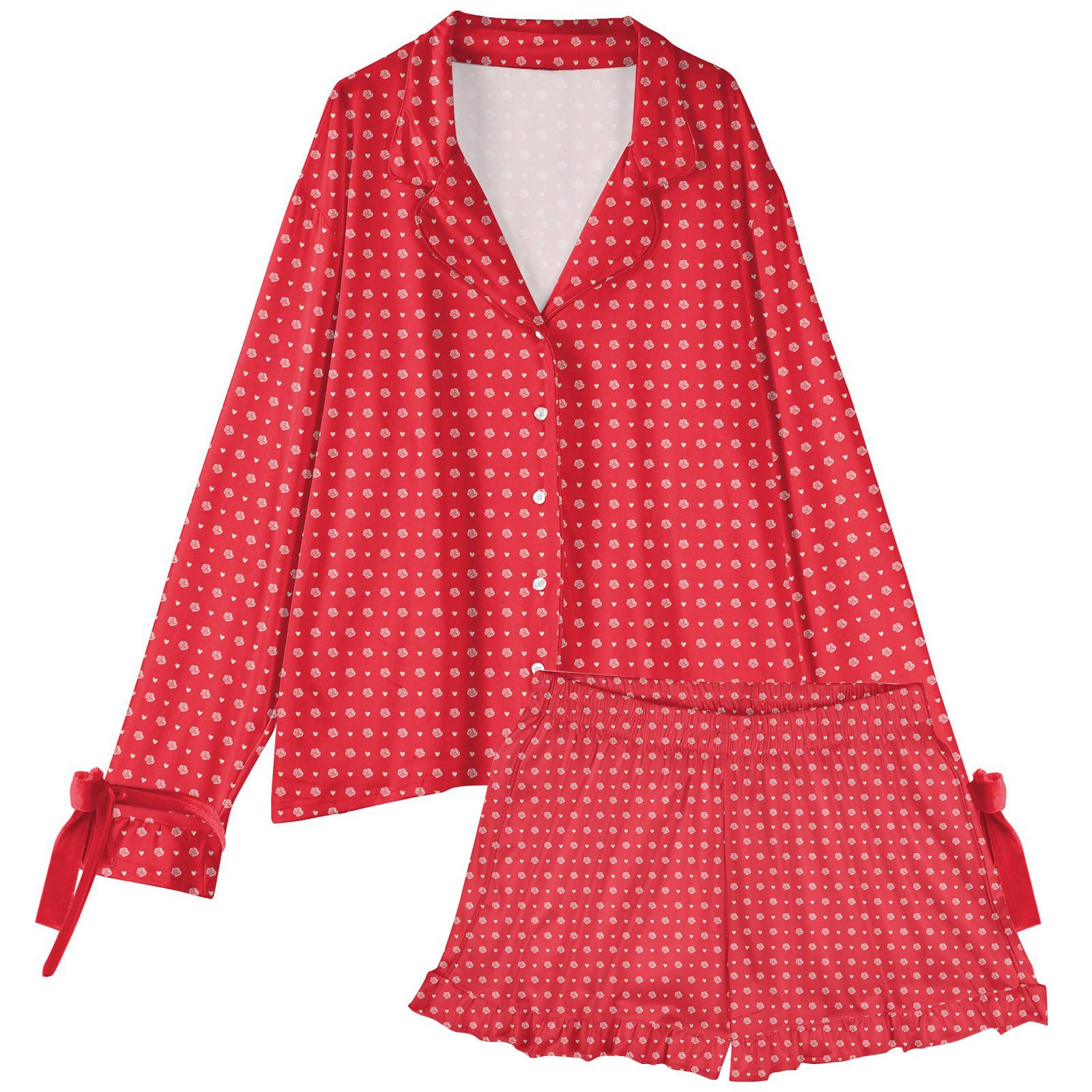 

Женский костюм из 2 предметов с принтом, топ на пуговицах с длинными рукавами, широкие брюки, комплект, пижамный домашний повседневный костюм XL красный