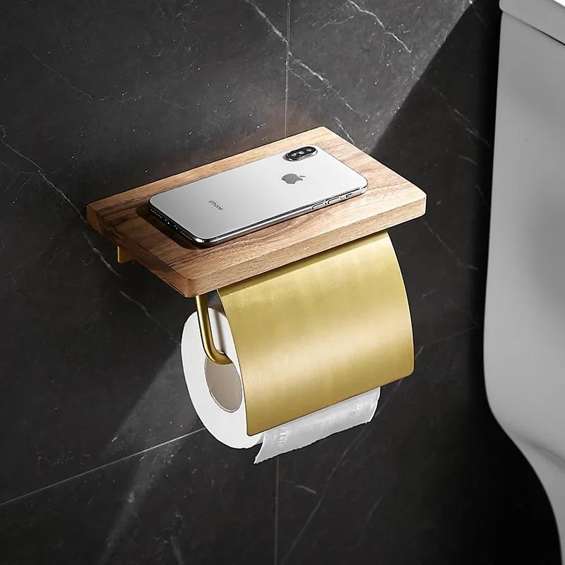Walnut Wall Mounted Bathroom Paper Towel Holder Brushed Gold Roll Paper Holder Toilet Paper Holder Mobile Phone Holder Aluminum