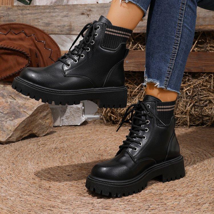 New Women'S Platform Ankle Boots White Pu Leather Thick Sole Combat Booties Woman Spring Autumn Non Slip Motorcycle Boots