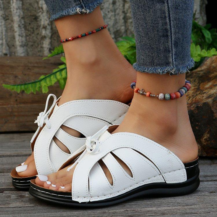Summer casual retro wedge heel platform sewn shoes one-character women's slippers lace-up women's shoes
