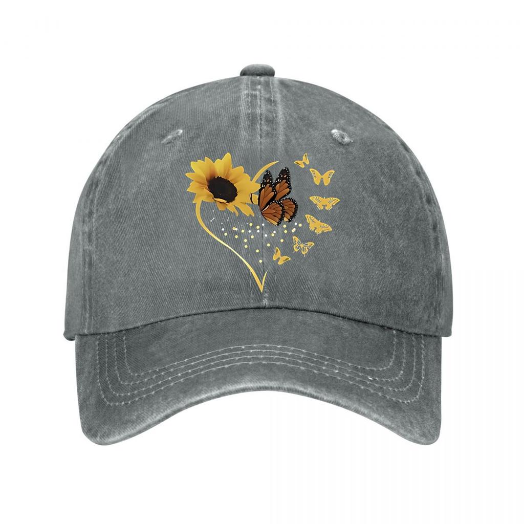 Golden Sunflower Butterfly Heart Wall Art New Vintage Washed Cotton Baseball Cap Parent Kids Sun Hats