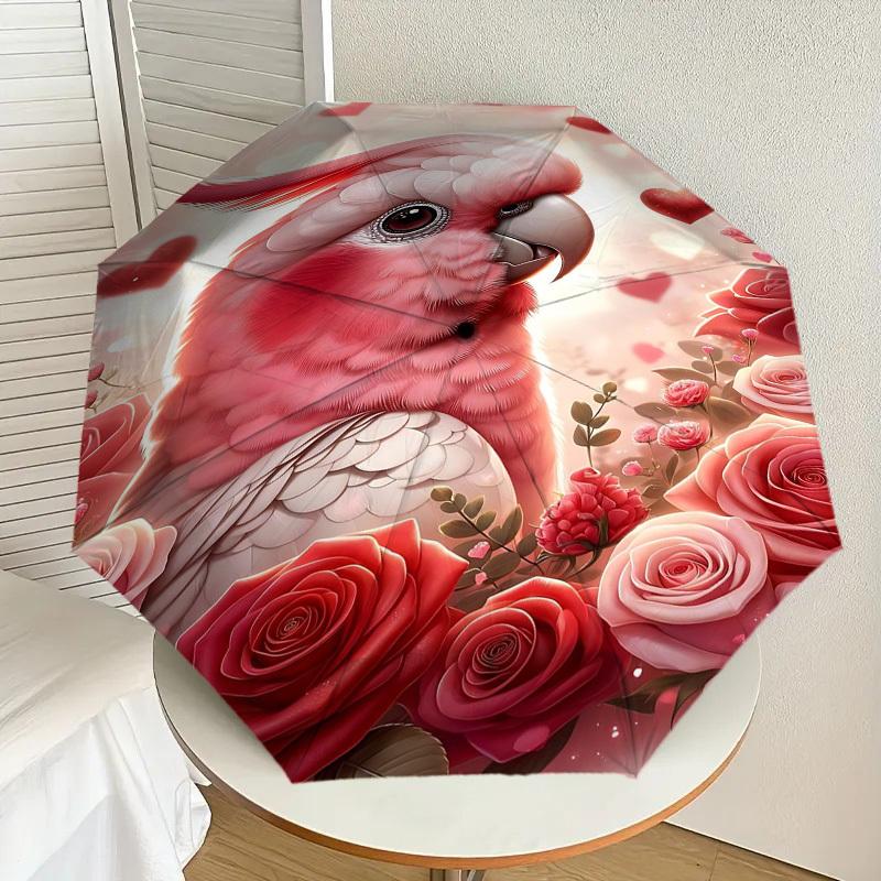1pc Parrot Roses Automatic Folding Umbrella 8 Rib Iron Frame, Compact Portable Umbrella Suitable for Travel, Daily Use, Birthday, Women & Men Gift 080