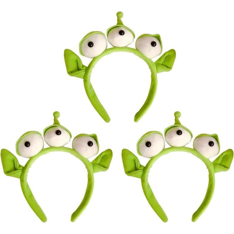3pcs Plush Three-Eyed Funny Anime Hairpin Green Monster Alien Headband for Face Wash Makeup