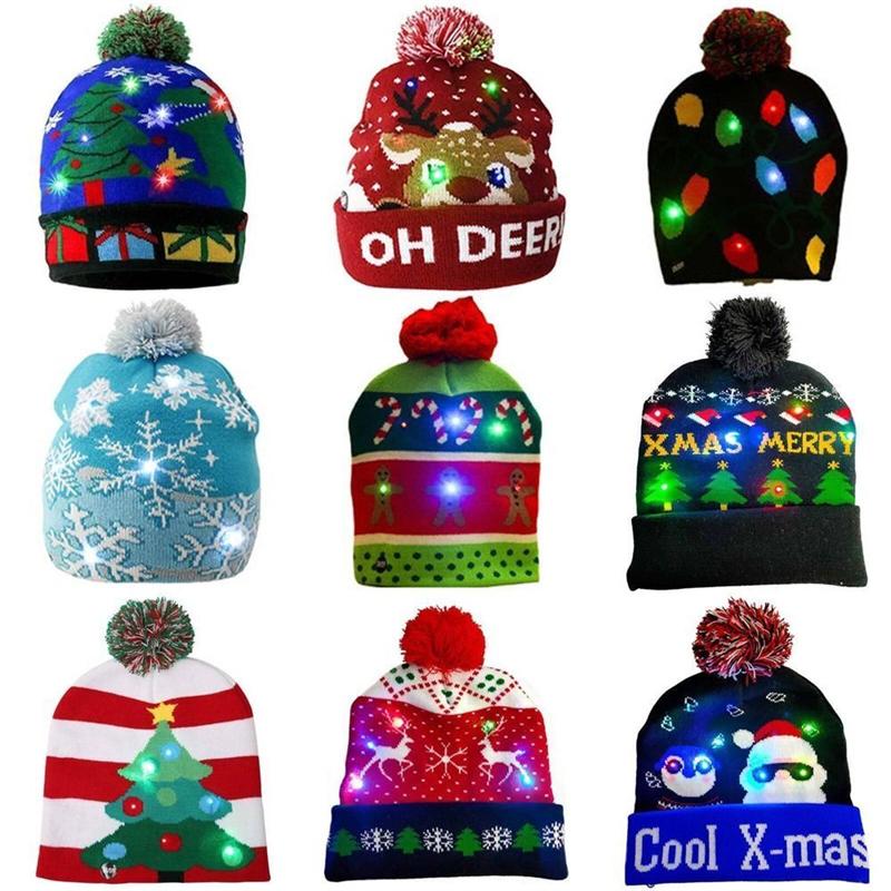 LED Christmas 3D Embroidery Image Unisex Winter Beanie Cap with Light Up Colorful LEDs for Beach & New Year