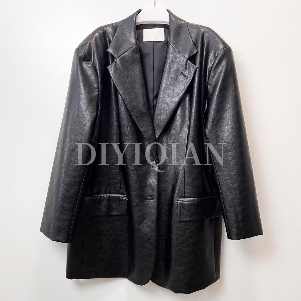 

DIYIQIAN Ретро черный пиджак из искусственной кожи - Уличный стиль интернет-знаменитости, Свободное пальто в британском и гонконгском стиле One Size чёрный