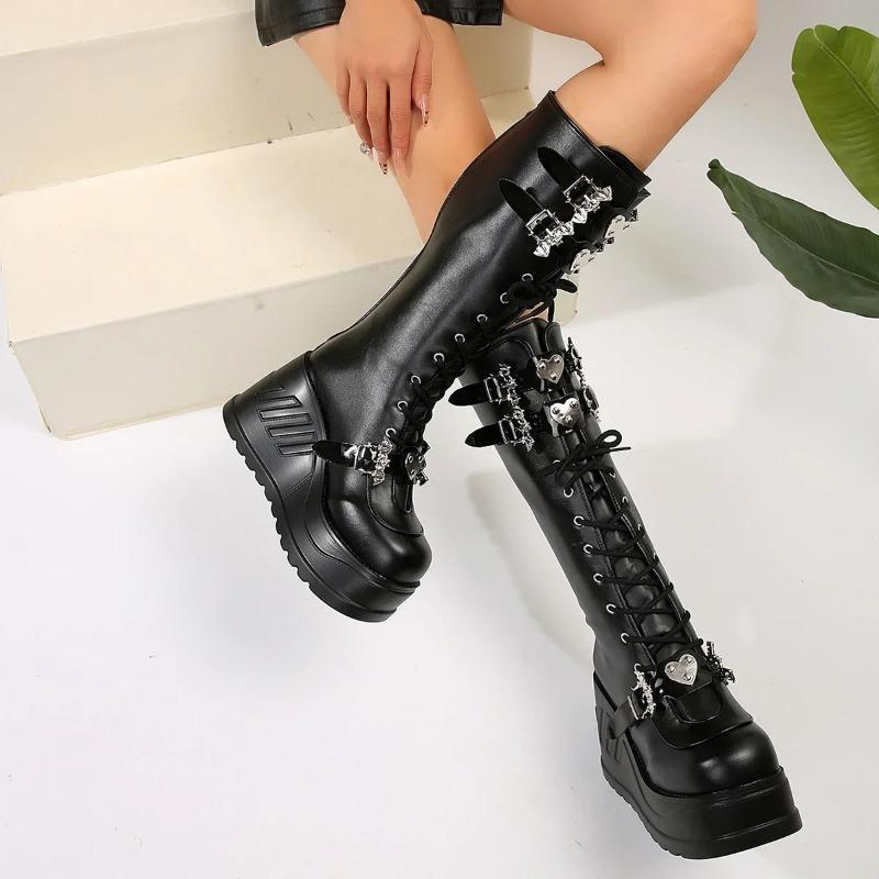 Women's Cool Retro Punk Boots Chunky Wedges Metal Design Lace Up PU Leather High Quality Outdoor Shoes 35-43