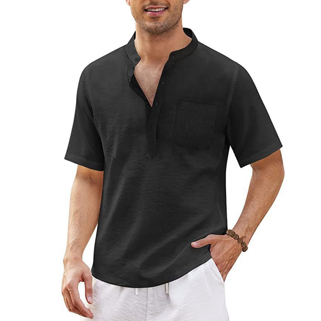 Men's Fashion Cotton Hemp Hippie Casual Pocket Short Sleeve Beach T-Shirt