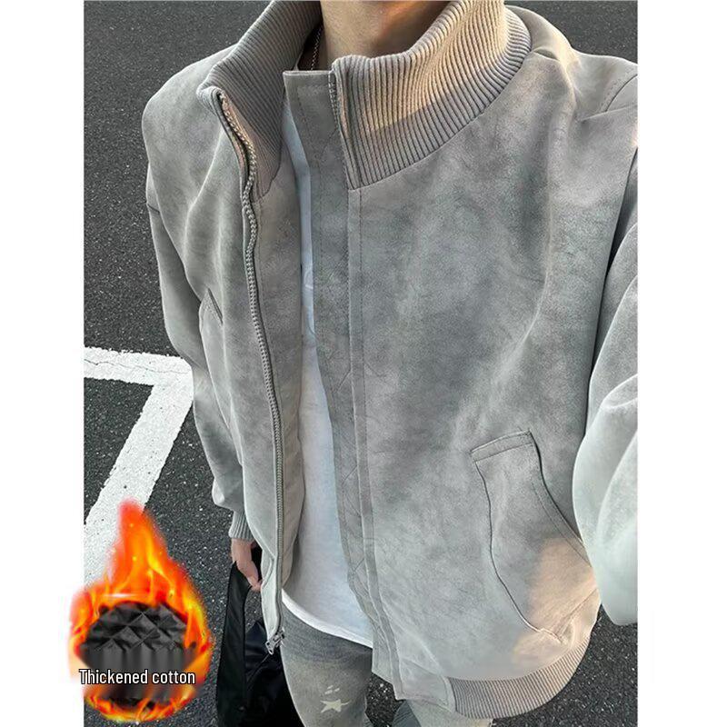 Men's Tie-Dye Leather Bomber Jacket with Stand-Up Collar - Trendy Autumn Heavyweight Outerwear