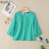 ZANZEA Women Casual Round Neck 3/4 Sleeve Loose Polka Dot Print Blouse