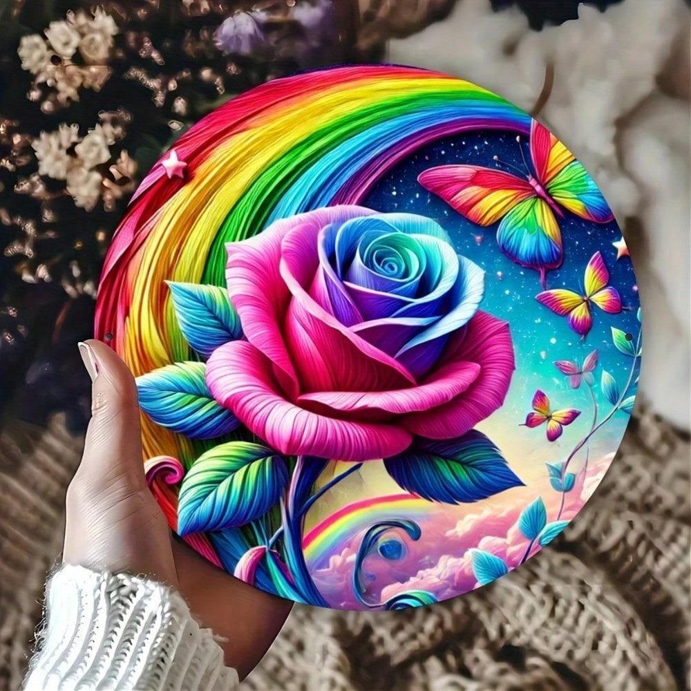 Vintage Metal Wall Art Rainbow Rose Butterfly Decor Weather Resistant Outdoor Patio Garden