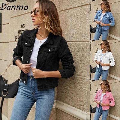 Danmo Kadın Moda Kot Düğmeli Ceket Düz Renk Büyük Beden Uzun Kollu Kısa Mont