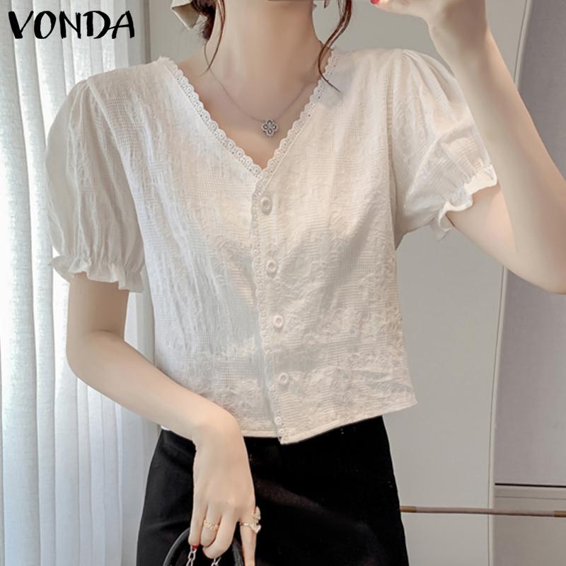 

Женские рубашки VONDA с ​​коротким рукавом и V-образным вырезом из 100% хлопка, топы