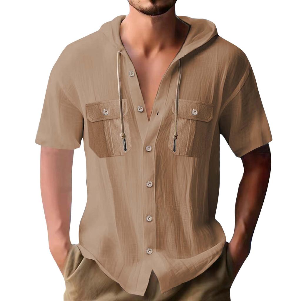 Men's Summer Solid Color Pockets Cotton Linen Short Sleeve Button Hooded