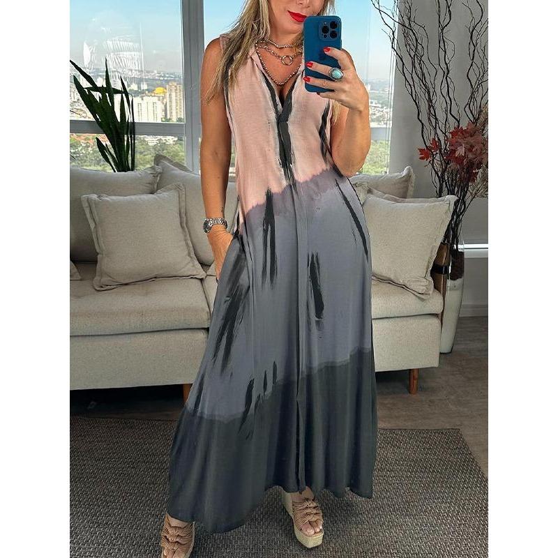 YYFS Women's Fashion Summer Spring Colour Block Print Sleevelesse V-Neck Loose Waistline Casual Dresses