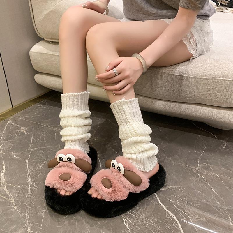 Internet celebrity cartoon cute big-eyed dog fluffy slippers female 2025 autumn and winter new thick-bottomed versatile comfortable one-word cotton m