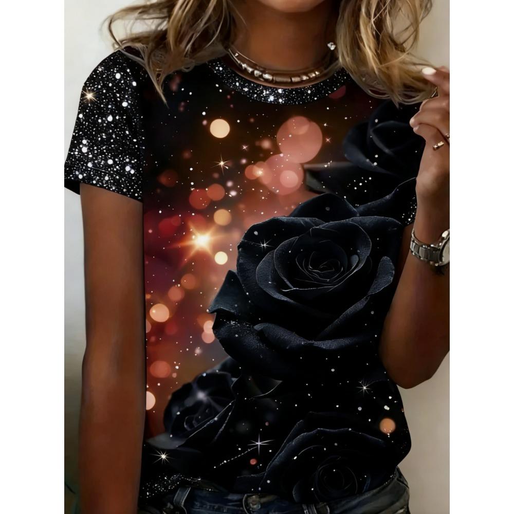 Damer Sommar Blommor Enkel Rosmönstrad Stor Lös Casual T-shirt Trendig Bekväm Mjuk Andningsbar Kortärmad T-shirt