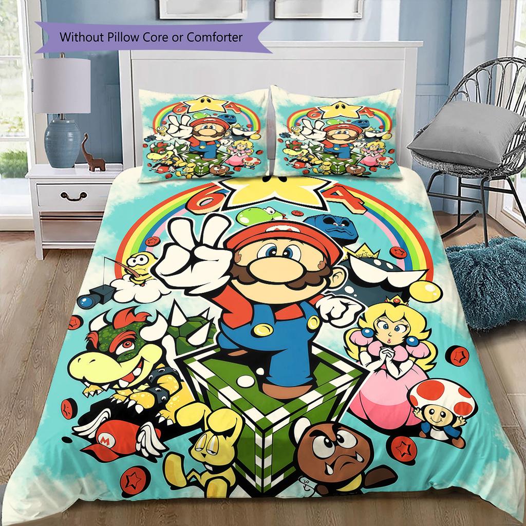 Juego de Ropa de Cama Completo de Super Mario Bros, 1 Funda Nórdica y 2 Fundas de Almohada, Adecuado para Dormitorio, Regalo Ideal para Fans
