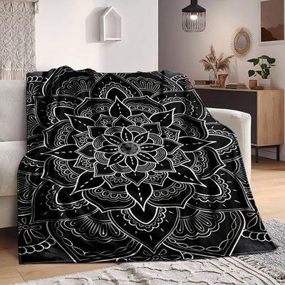 1 Stück Schwarze Mandala Weiche & Warme Polyester-Strickdecke, Digital Bedruckt, Ganzjahres-Überwurf zum Nickerchen, Reisen, Sofa yy250906019
