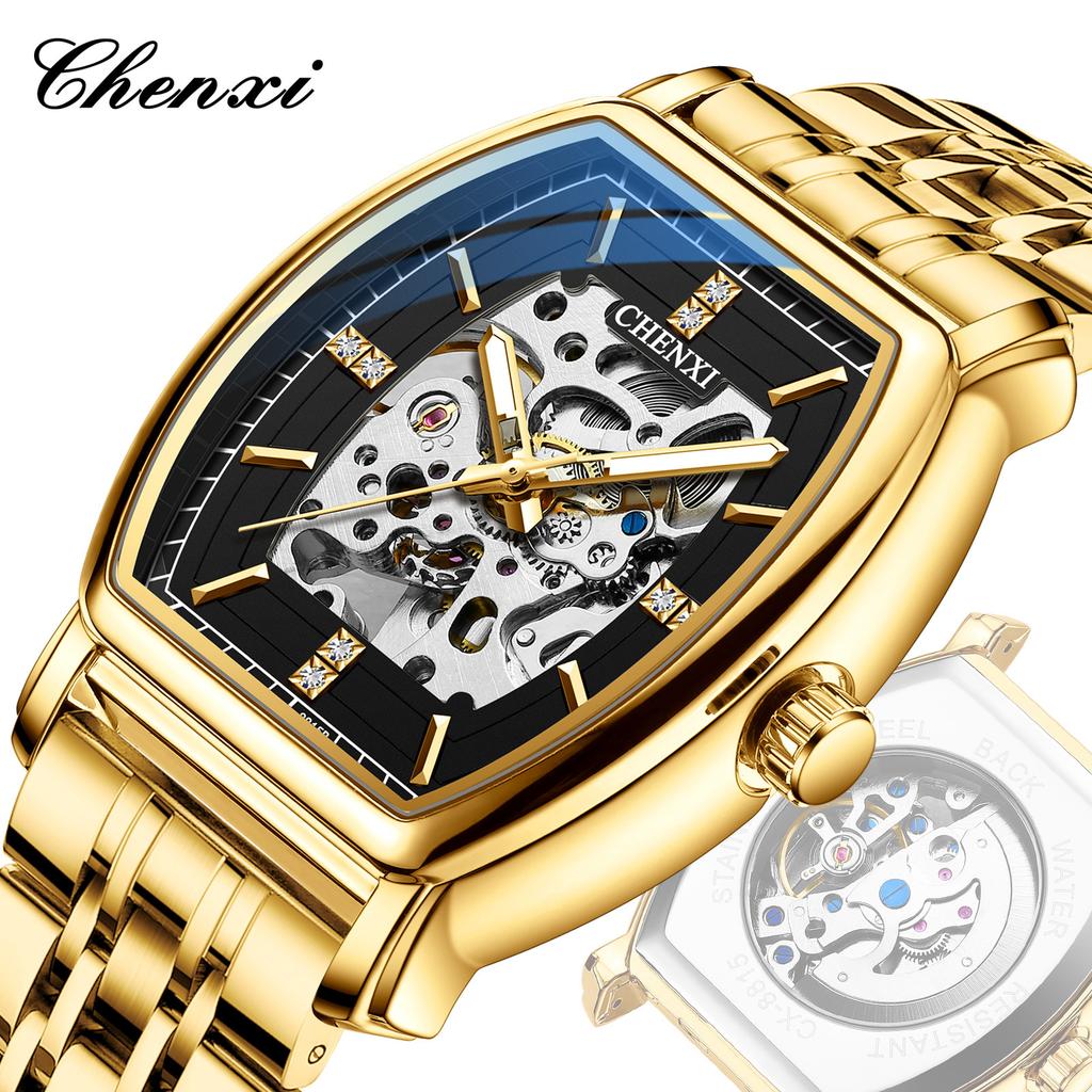 Relógio Mecânico Masculino Novo Tipo Barril Automático Vazado Luminoso À Prova d'Água Aço Inoxidável Dourado Relógios para Homem Relojes Hombreino