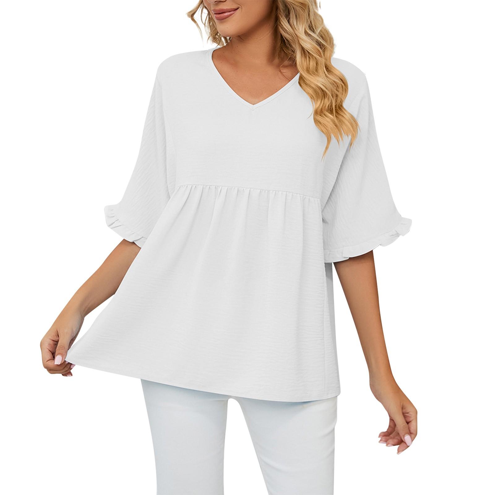

Женский повседневный модный сексуальный сплошной цвет с v-образным вырезом, свободный топ со средними рукавами и сборками XL белый