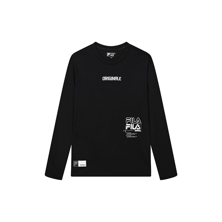 FILA American Vintage Loose Fit Round Neck Simple Letter Logo Printed Casual Knit Long Sleeve Drop Shoulder T-Shirt Men Tops Black F11M239201F-BK L