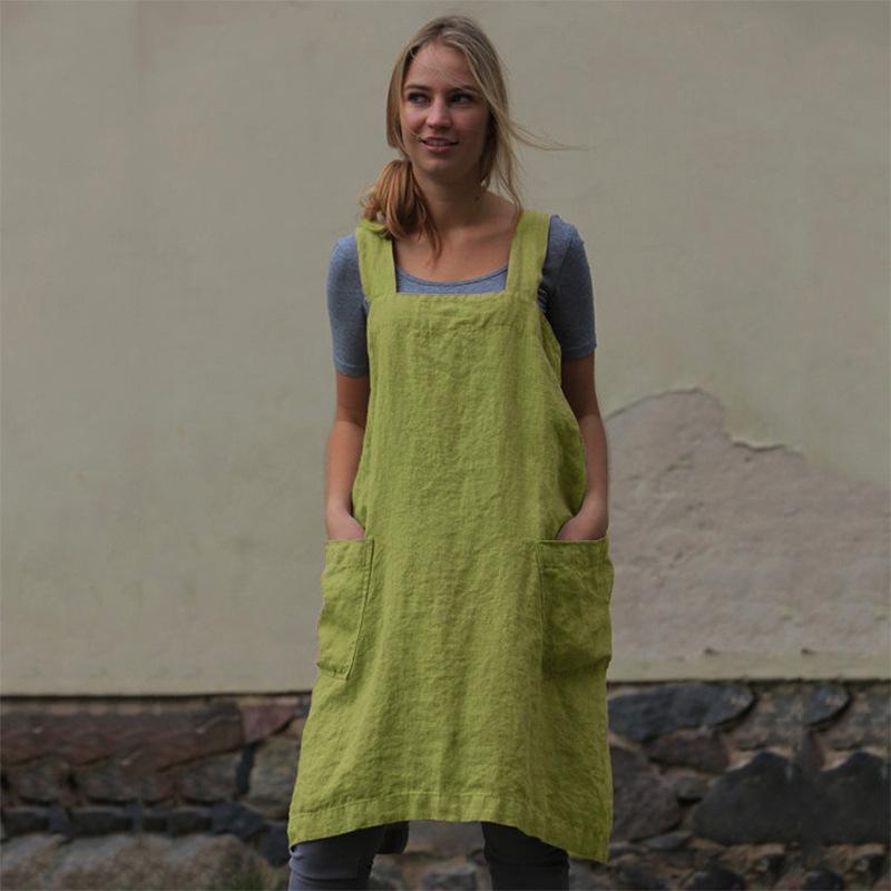 Women's Cotton and Linen Apron, Home Wear, Loose Long Dress
