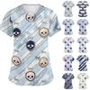 Damen V-Ausschnitt Kurzarm Kasack mit Taschen Halloween-Print Pflegekraft Uniform