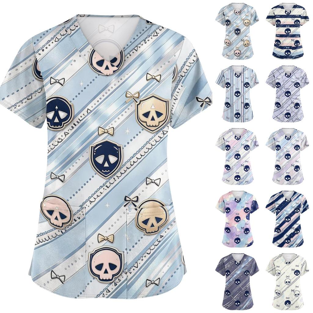Damen V-Ausschnitt Kurzarm Kasack mit Taschen Halloween-Print Pflegekraft Uniform