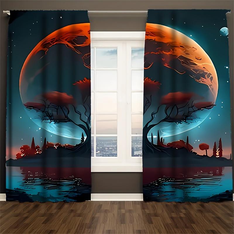 2pcs Set Tree & Planet Design Curtains-polyester Fiber   Machine Washable   Rod-shaped Pocket Can Be Easily Hung-very Suitable