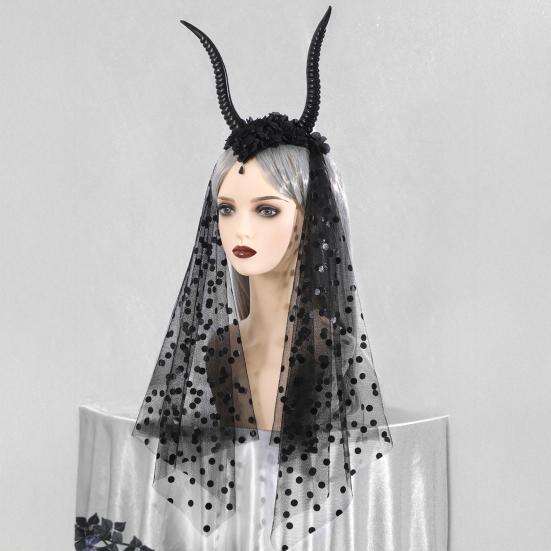 Halloween Gotisk Svart Antilopehorn Pannebånd Mørke Djevel Sauhorn Heksekostyme Tilbehør med Nett for Halloween Cosplay Renessanse Fotoshoot