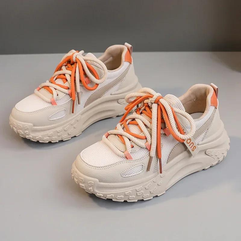 Women's Sneakers Autumn Height Increasing Breathable Thick Soled Mesh White Shoes Wear-resistant Lace Up Casual Sports Shoes