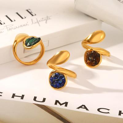 European-American Teardrop Stainless Steel Open Ring with Natural Stone