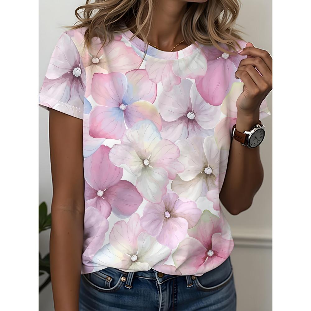 

European and American Trendy Women s Pullover Round Neck 3D Flower Digital Printed Top Summer Short Sleeve Loose Women s T-Shirt S