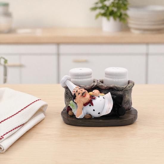 DYS Salt And Pepper Shakers Set, Decorative Resin Chef Statue Spice Organizer, Glass Seasoning Holder for Kitchen Dining Centerpiece