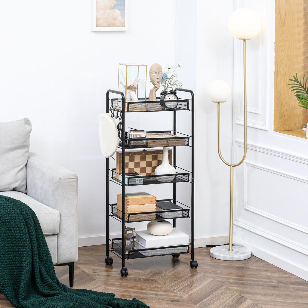 5-Tier Rolling Storage Trolley with Removable Steel Baskets, Black
