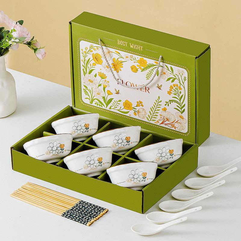 Pastoral Ceramic Tableware Gift Set: Rice Bowl, Spoon, and Chopsticks