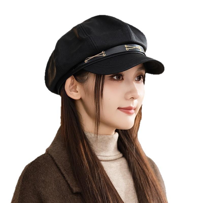 Korean Versatile Chain Beret Women Autumn and Winter British Style Windproof Octagonal Hat Outdoor Travel Retro Painter Hat