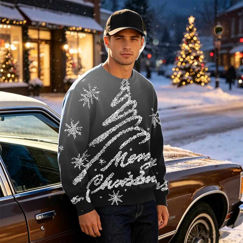 Men's Casual Loose Fit Printed Neck Long Sleeve T-Shirt for Daily Wear