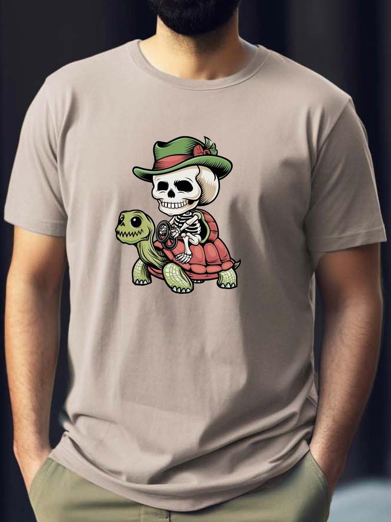 Skeleton Riding Turtle Graphic Print Cotton Casual Round Neck Mens TShirt Breathable Short Sleeve Tee