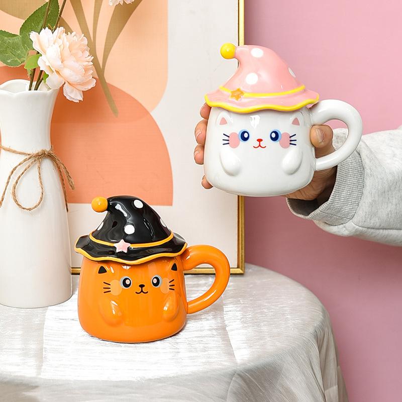 Creative Cute Cat Mug with Lid Ghost Cup for Girls Ceramic High Looking Cartoon Household Water Cup